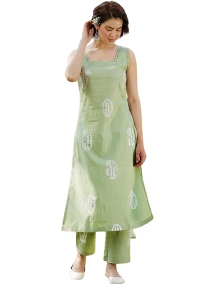 Mint Green Sleeveless Kurta with Palazzo Set, Embroidered-image-16