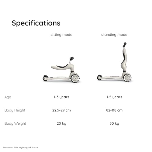 Scoot & Ride 2-in-1 Kids Scooter with Adjustable Seat & Handlebar, Stable & Safe Kickboard for Toddlers, Compact & Lightweight, 3-Wheel Design, Ages 1 to 5 Years, Highwaykick 1 (Ash)