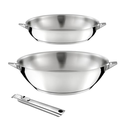 CUISINOX - Eclipse - Lot 3 pièces tout inox - Wok 28 cm, poêle 24 cm et poignée amovible inox - Fond encapsulé - Compatible tous feux dont induction -...