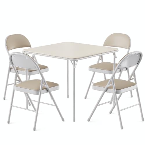 VECELO 5-Piece Folding Card Table Square and Chair Set with Collapsible Legs & Vinyl Upholstery Portable for Indoor & Outdoor Beige
