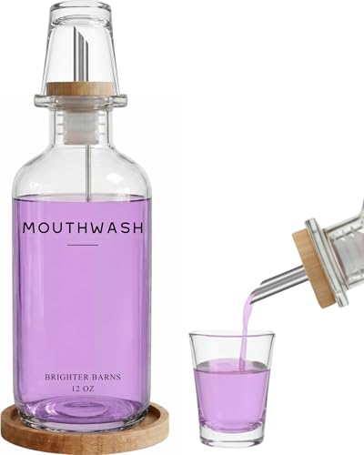 Glass Mouthwash Dispenser for Bathroom by Brighter Barns - Refillable Mouthwash Container with Glass Cup and Bamboo Tray - Mouth Wash Dispensers for Bathroom Sink Home Decor Airbnb Office (Clear)