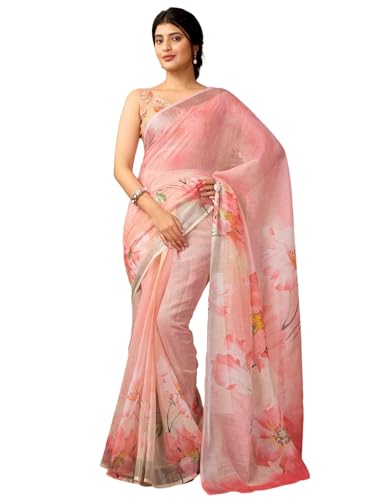 Image of Satrani Women's Linen Printed & Zari Border Ready To Wear One Minute Pre Pleated Readymade Saree with Unstitched Blouse Piece