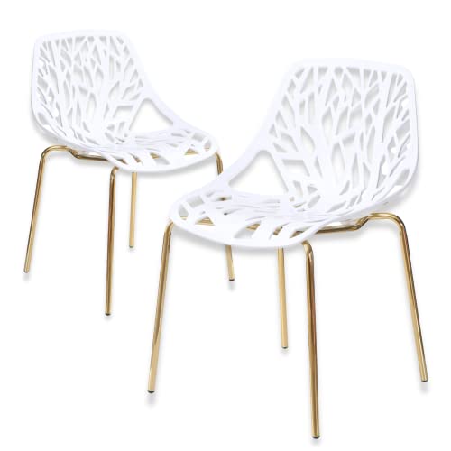 Pozbee Modern White Dining Chairs Set of 2, Birch Sapling Style Chairs for Dining Room, Hotels, Restaurants Indoor Outdoor, Cut-Out Kitchen Chairs with Gold Legs (2, White)
