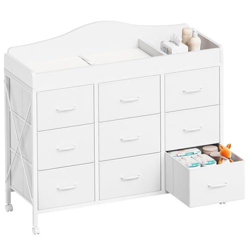 Image of YeTom Baby Changing Table with 9 Fabric Boxes, Waterproof Diaper Changing Station & Pad, Mobile Nursery Diaper Changing Table, Baby Furniture, White