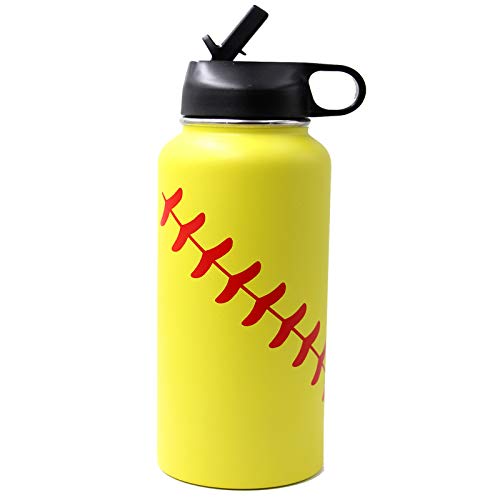 32 oz Softbal Waterfles, Flessen Sport met 2 Deksels 18/8 RVS Tumbler Dubbelwandige Vacuüm Geïsoleerd Warm/Koud (32 Oz, Geel Softbal) - Image 8
