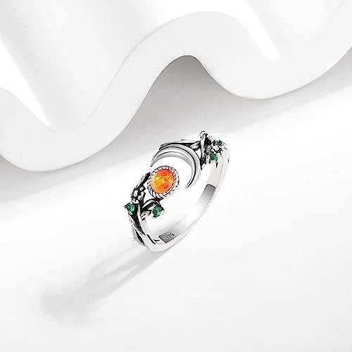 Vintage Opal Moon Ring for Women - 925 Sterling Silver Leaf Moon Rings Earth Ring Moss Agate Promise Ring Engagement Wedding Jewelry Wrap around Rings Adjusting2