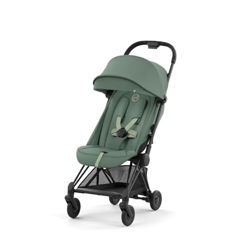 Image of Cybex Coya Compact Stroller, Lightweight One-hand Fold, Travel-Friendly Pram for Newborns, Infants, and Toddlers, Age 0-4 years, Flat Recline Position, One Pull Harness, Hand Luggage Compatible, Stroller (Leaf Green Matt Black Frame)