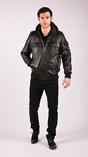 TruClothing Mens Real Leather Jacket Black Brown Hooded Hood Zip Retro Bomber Casual2