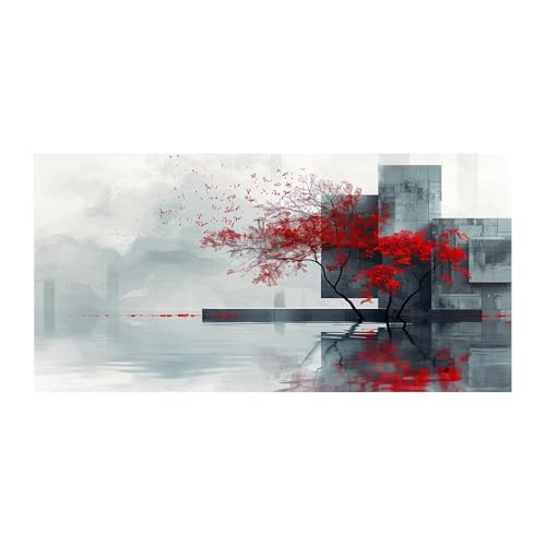 Tableau abstrait paysage arbres rouges pour creer une decoration murale de salon zen
