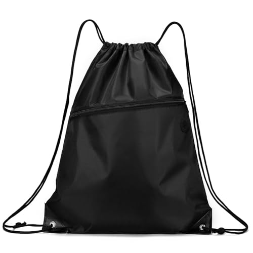 WOLMIK Rucksack mit Kordelzug, Turnbeutel Schwarz Sportbeutel für Herren Damen, Beutel mit Kordelzug, Verstellbar Gym Bag Gymsack mit Reißverschluss außen für Sport Reisen Schule Strand