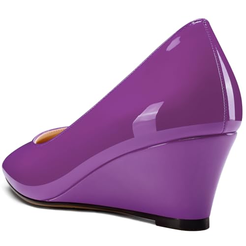 NobleOnly Womens Mid Wedge Heel Close Square Toe Slip-on Patent Leather Pumps Casual Office Dress Basic Classic Shoes 2.0 Inches Heels4