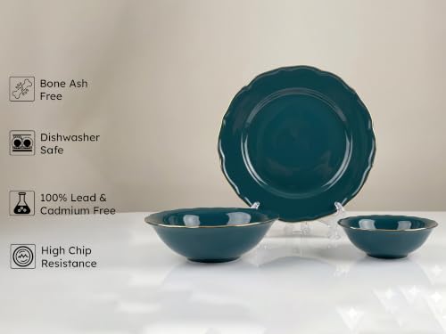 Image of Bodhi House 14-Piece Gold Rim Porcelain Dinner Set | Plates & Bowls Set | Lightweight, Chip Resistant, | Dishwasher Safe | Ideal for Home Dining, Gifting Tableware Set | Teal