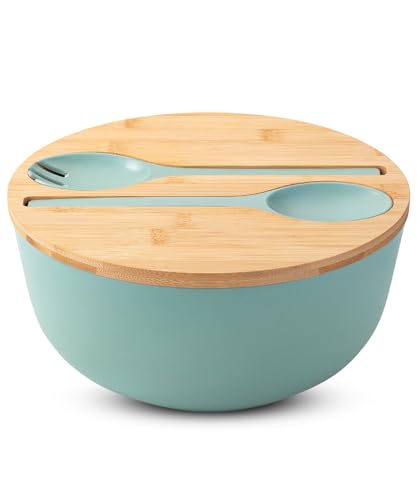 BAMBOO LAND- Large Salad Bowl with Wooden Lid, 10 Inch/108 Oz, Mint Green, Bamboo Fiber Salad Bowl with Serving Utensils, Wide Applications