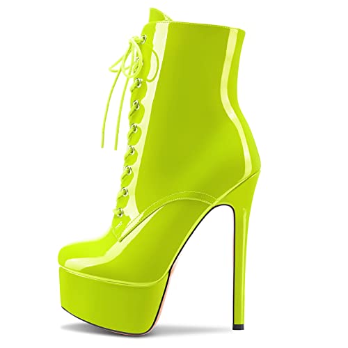 Image of Aachcol Women Ankle Boots Short Bootie Platform Stiletto High Heel Round Toe Dress Shoes Lace-up Patent 6.5 Inch