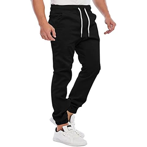 Mens Joggers Bottoms Slim Fit Pants Chino Jogging Casual Sport Trousers Sweatpants Tracksuit Elasticated Waist Drawstring Basic with Pockets (Black, L) Cover
