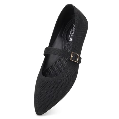 Frank Mully Women's Mesh Flats Mary Jane Shoes Pointed Toe Lightweight with Adjustable Instep Strap Knit Flat Shoes for Women Dressy Casual Washable Walking Shoes Solid Black by Frank Mully - Used condition - Image 2