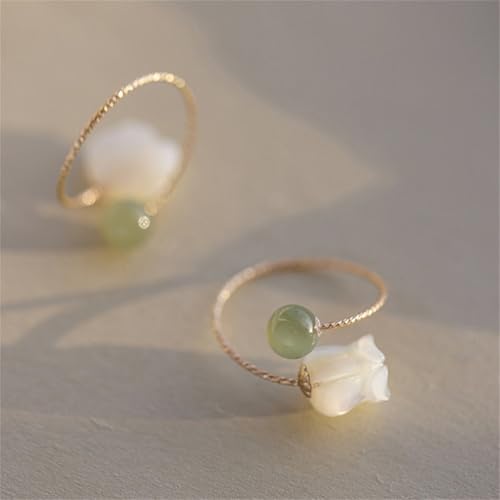 Lucky Layered Hetian Green Jade Flower Rings for Women Silver Gold Plated Lily of the Valley Flowers Twisted Stacking Statement Open Band Finger Ring Adjustable Comfirm Fit Vintage Wedding Jewelry4