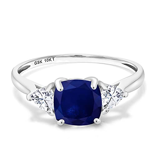 Gem Stone King 10K White Gold Blue Sapphire and White Moissanite Engagement Ring | 2.46 Cttw | 7MM Cushion and 4MM Trillion | 3 Stone Wedding Engagement Anniversary Promise Ring For Women3
