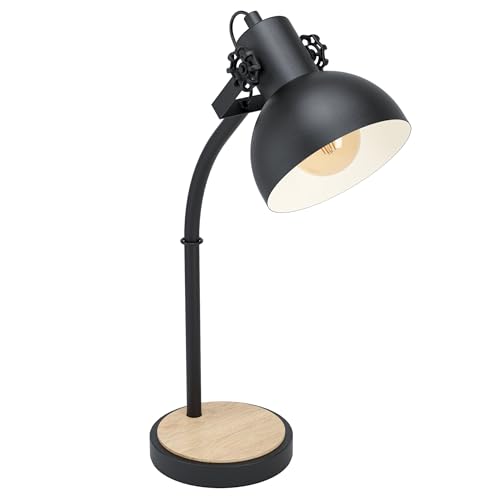 EGLO Tischlampe Lubenham, 1 flammige Vintage Tischleuchte im Industrial Design, Retro Nachttischlampe aus Stahl und Holz, Farbe: Schwarz, braun, Fassung: E27, inkl. Schalter