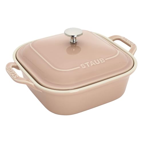 Image of Staub Ceramic 4-pc Baking Pans Set, Casserole Dish with Lid, Brownie Pan, Light Pink