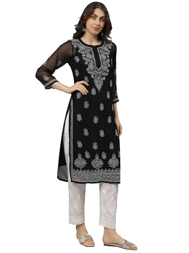 Image of Seva Chikan Hand Embroidered Lucknowi Chikankari Georgette Kurta with Inner Slip SCL4711