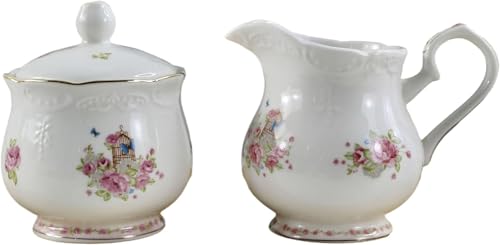 YBK Tech Strengthen Porcelain Milk jug and Sugar Bowl Set for Coffee Tasting Drinking- Pink Rose