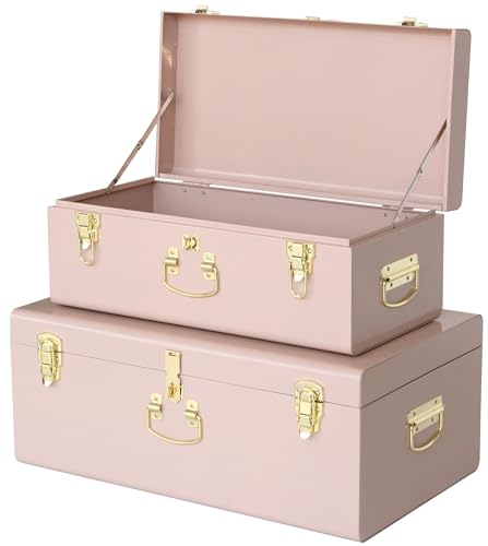 HofferRuffer Pack of 2 Metal Storage Trunk with Lockable Lid & Handles, Heavy Duty Storage Chest for Bedroom, Living Room, Bedding, Blankets and Toys, Pink