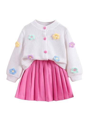 Image of WDIRARA Toddler Girl's 2 Piece Outfits 3D Flower Button Down Cardigan and Pleated Aline Skirts Set