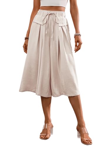 Wide Leg Capris Pants for Women Flowy Summer Casual Elastic Waist Cropped Pants Lounge Palazzo Trousers with Pocket