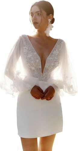 Long Sleeves Applique Short Wedding Dresses for Bride V Neck Mermaid Satin Bridal Gowns