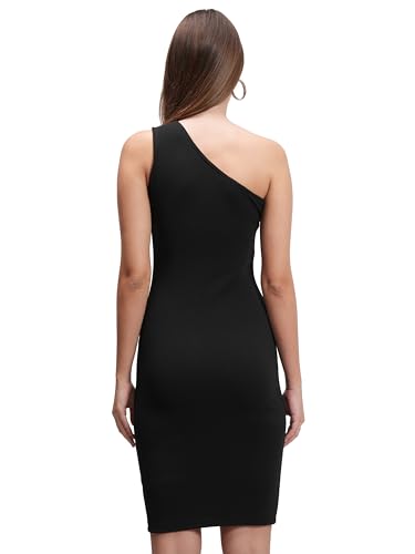 Image of Tokyo Talkies Womens One-Shoulder Black Sheath Dress | Sleek & Sophisticated | Calf-Length with A Modern Asymmetrical Neckline | Dress for Women | Women Dress | Stylish Women Dress
