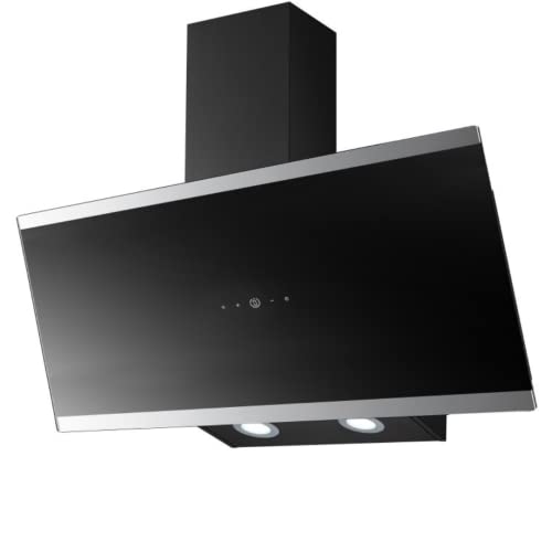 PKM Schräghaube S33-90A+BTH | Kopffreihaube | Dunstabzugshaube | 90 cm Breite | Glas mit Edelstahl | schwarz | Touch Control und Display | Abluft | Umluft