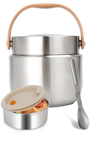 Ezvsevuo Termo Comida Caliente 1200ml, Termo para Comida Acero Inoxidable, Fiambrera Térmica con Cuchara Plegable, Termo de Comida para Adultos y Niños (Plata)