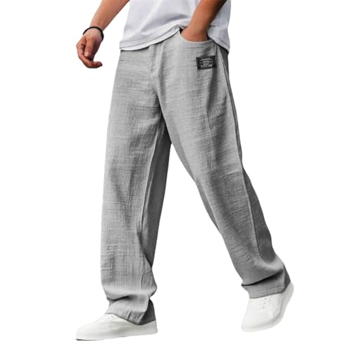 Mokaloha Mens Pants, Fall Men's Casual Hemp Embroidered Logo Drawstring Loose Elastic Waist Pocket Trousers3