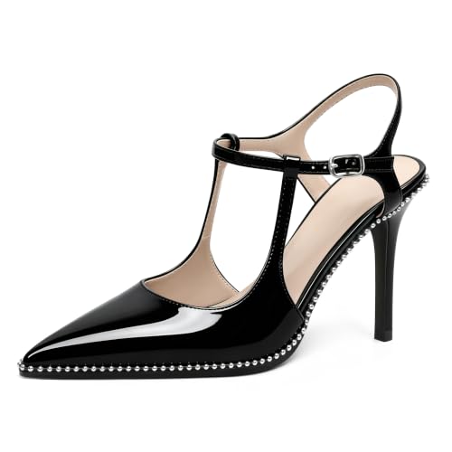 Image of SAMMITOP Womens High Heels Ankle Strap Pointed Toe Stilettos Patent Leather Beaded Pumps Dress Shoes 3.5 Inch