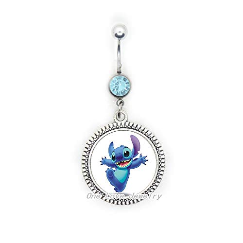 New Cartoon Handmade Fashion Jewelry Blue Stitch Belly Ring Glass Dome Belly Button Ring Belly Ring Gifts,TAP182