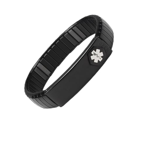 EnerMagiX Medical Alert Bracelet Men's Stainless Steel Personalized Adjustable Elastic Medical ID Bracelet 8.26'' (Black) for Diabetes, Allergies, Epilepsy, Penicillin, Writeable Cards
