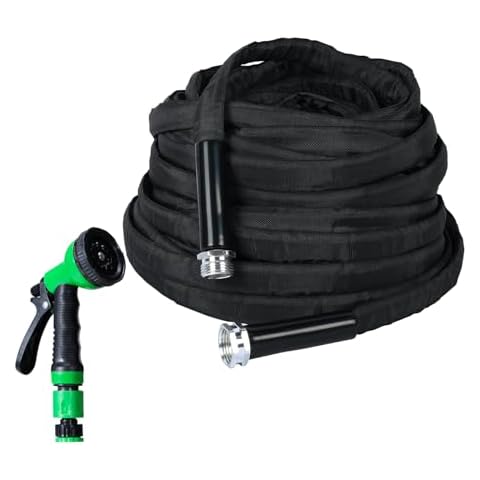 DTRK Garden Hose 5/8 in. x 100 FT Durable Water Hoses with 7 Function Hose Nozzle, Lightweight Kink-Free Flexible Garden Hoses, Extra Strength Fabric Yard Hose for Watering Cleaning（Black） Cover