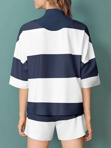 Fisoew Womens 2 Piece Outfits Summer Striped Sweatshirt Workout Shorts Sets Matching Lounge Set Tracksuits4