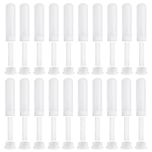 20 Pièces Blanc Stick Inhalateur pour Huiles Essentielles Nez, Tubes D'huile Essentielle Inhalateur Nasal Rechargeables Plastiques Vides avec 20 Mèches, Tube Aromathérapie pour Détendre Le Corps