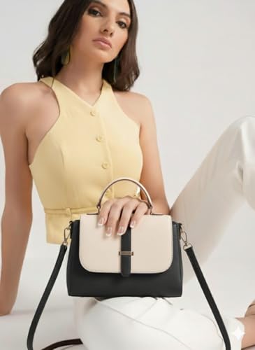 Image of Women's Structured Satchel Handbag | Elegant Office & Casual Shoulder Bag | Dual-Tone Brown & Beige | Faux Leather