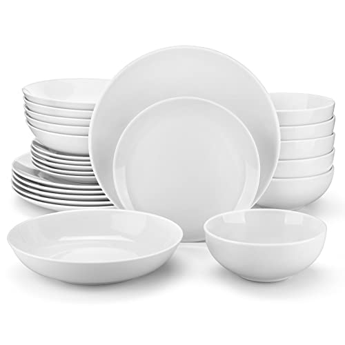 MALACASA 24-Piece Gourmet Porcelain Dinnerware Sets, Modern White Round Dish Set for 6 – Premium Serving Plates and Bowls Sets for Dessert, Salad, Soup, Pasta – Series AMELIA