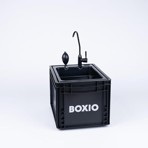 BOXIO - WASH Plus: Mobile Sink with Hand Pump, Shower Head, Mirror & Cleaning Beads - Van, Camping, Garden Sink with Tap, Plastic, Black