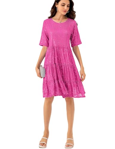 Image of Sequin Babydoll Summer Dress,Sparkly Glitter Dress Short Flowy Tiered Tunic Dress for Women Party Club Night