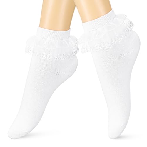Bencailor 1 Paar Rüschen Socken Rockabilly Rüschensocken 70s Söckchen mit Spitze Elastische Baumwollsocken Spitzensocken Lace Knöchel Ballett...