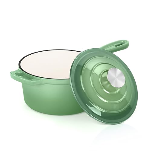 E-far Enameled Cast Iron Sauce Pan with Lid, 1 Quart Dutch Oven Saucepan, Mini Sauce Pot for Cooking, Boiling, Healthy & Non Toxic, Induction & Oven Safe, Pistachio Green