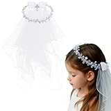 Funtery Girl First Communion Veil Flower Crown Veil with Bow Cross White Lace Floral Headband Rhinestone for Catholic Baptism(Elegant Flower Crystal)