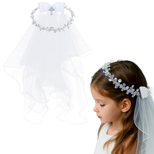 Funtery Girl First Communion Veil with Flower Crown