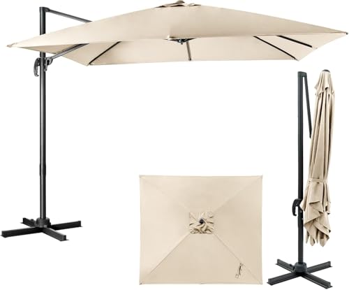 GOPLUS Sombrilla Terraza Exterior, 3x3 m, Parasol Voladizo con Toldo Inclinable de Doble Capa, Manivela, 8 Varillas, Rotación de 360°, Protección UV, para Balcón (sin Base y LED, Beige, 3 M)