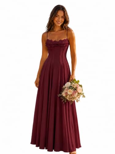 EDECPBM Long Chiffon Bridesmaid Dress Sweetheart Corset Ruffle A-Line Wedding